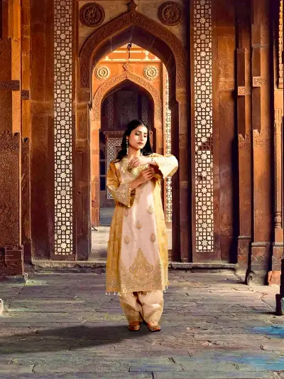 Champagne Gold Embroidered Kurta Pant Set with Dupatta - 1