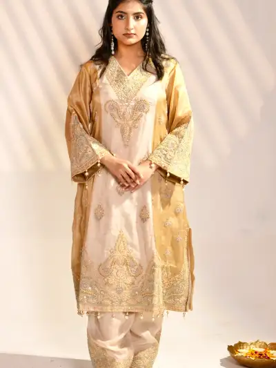 Champagne Gold Embroidered Kurta Pant Set with Dupatta - 2