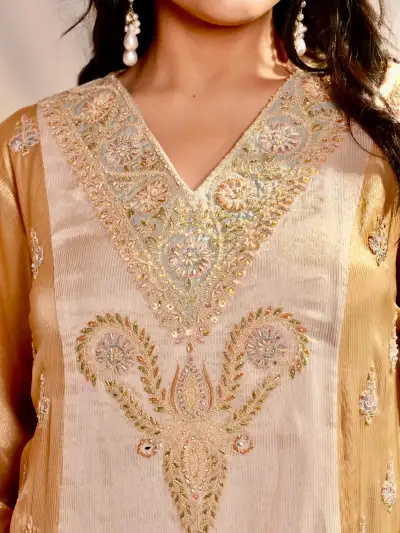 Champagne Gold Embroidered Kurta Pant Set with Dupatta - 3