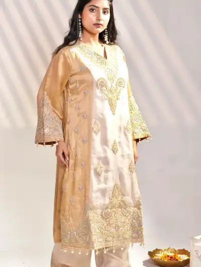Champagne Gold Embroidered Kurta Pant Set with Dupatta - 4