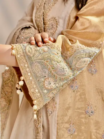 Champagne Gold Embroidered Kurta Pant Set with Dupatta - 5
