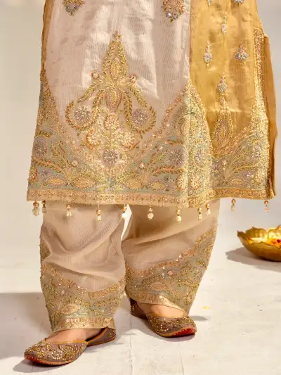 Champagne Gold Embroidered Kurta Pant Set with Dupatta - 6