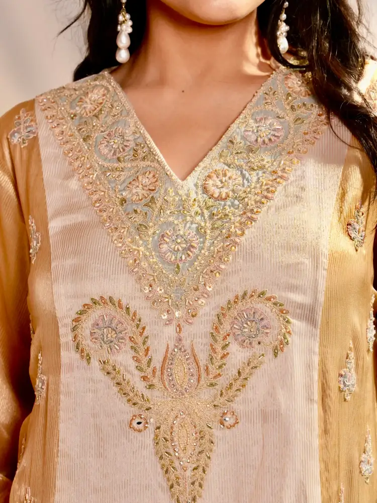 Champagne Gold Embroidered Kurta Pant Set with Dupatta thumbnail 3