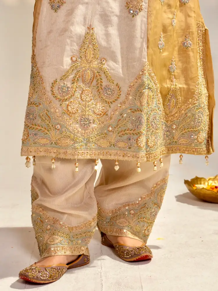 Champagne Gold Embroidered Kurta Pant Set with Dupatta thumbnail 6