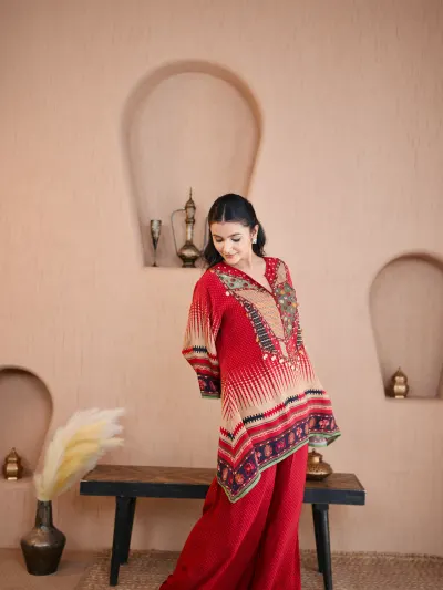 Red Printed Coord Suit - 1