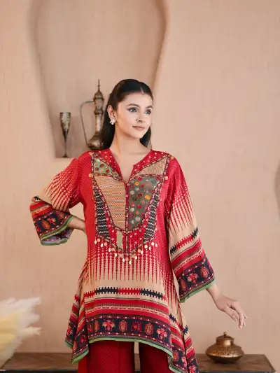 RED ETHNIC PRINT SET FOR WOMEN - 2