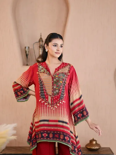 Red Printed Coord Suit - 2