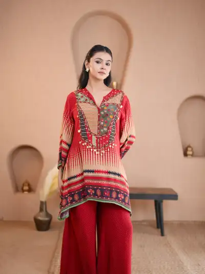 Red Printed Coord Suit  - 3
