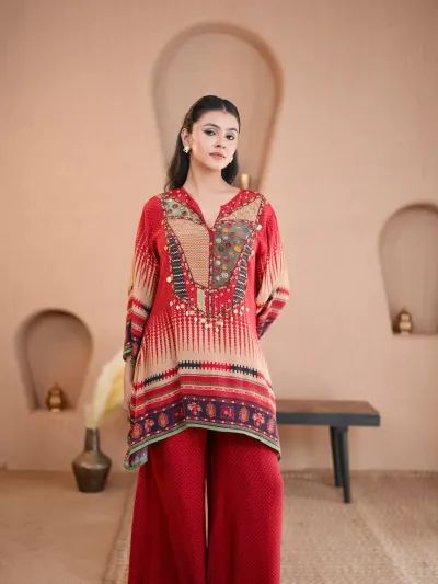 Red Printed Coord Suit - 3