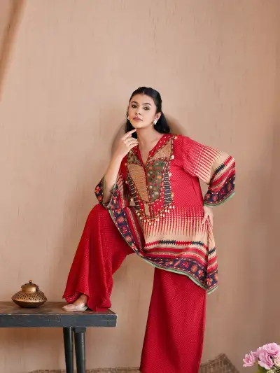 Red Printed Coord Suit - 4