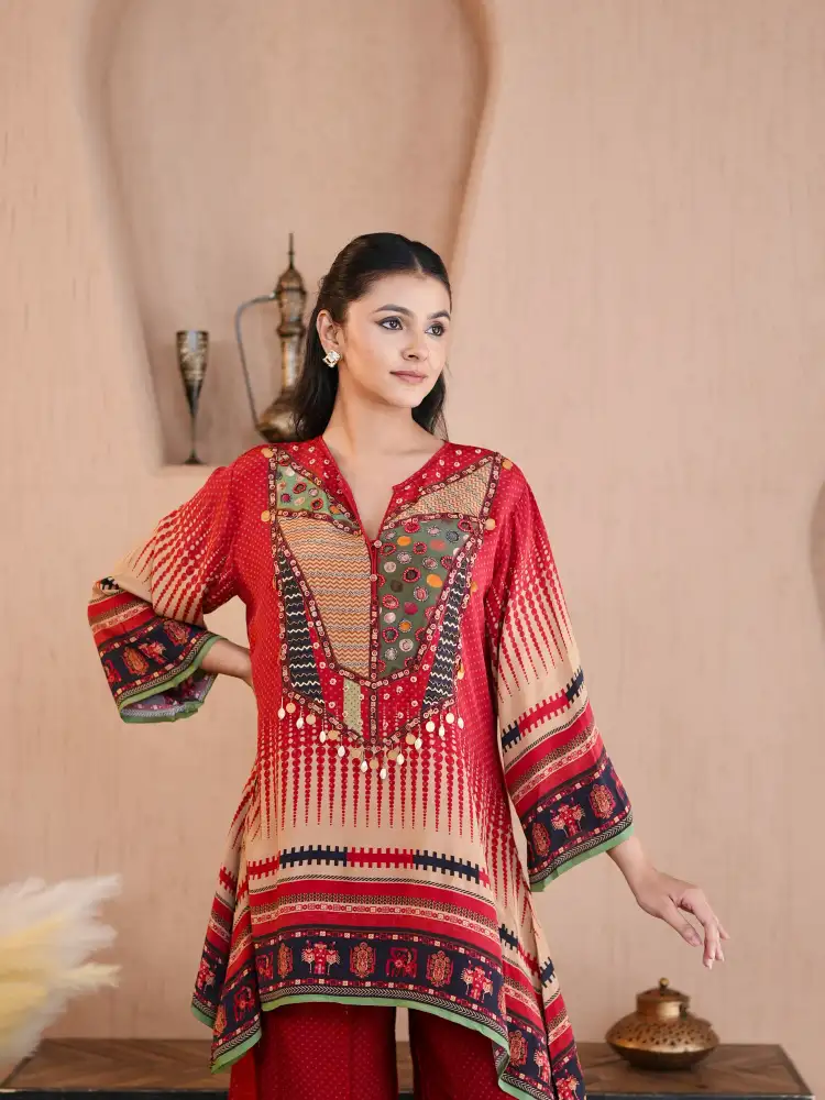 Red Ethnic Print Set for Women - Image 2