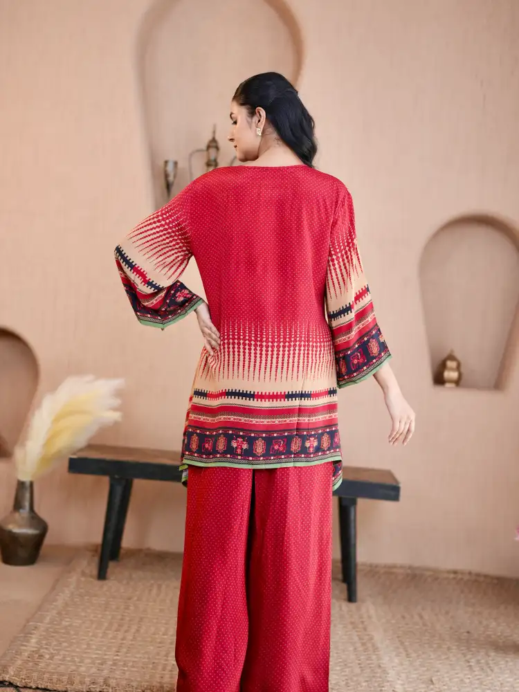 Red Ethnic Print Set for Women - Image 5