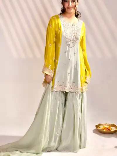Mint Green Embroidered A-Line Kurti Sharara Suit Set with Dupatta - collection image