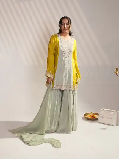 Mint Green Embroidered A-Line Kurti Sharara Suit Set with Dupatta - collection image