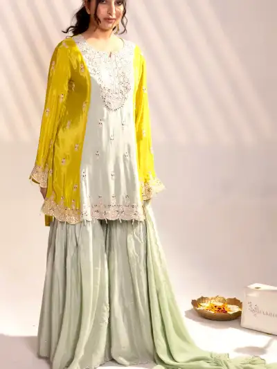 Mint Green Embroidered A-Line Kurti Sharara Suit Set with Dupatta - 4