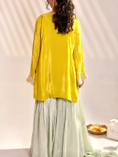 Mint Green Embroidered A-Line Kurti Sharara Suit Set with Dupatta - 5