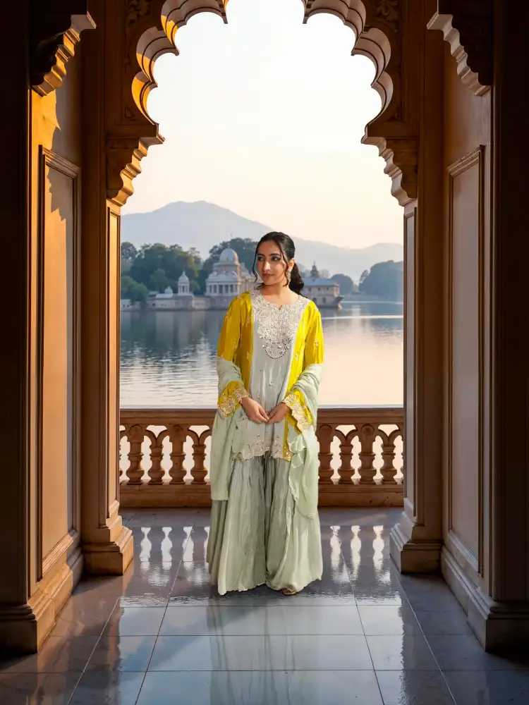 Mint Green Embroidered A-Line Kurti Sharara Suit Set with Dupatta - View 1