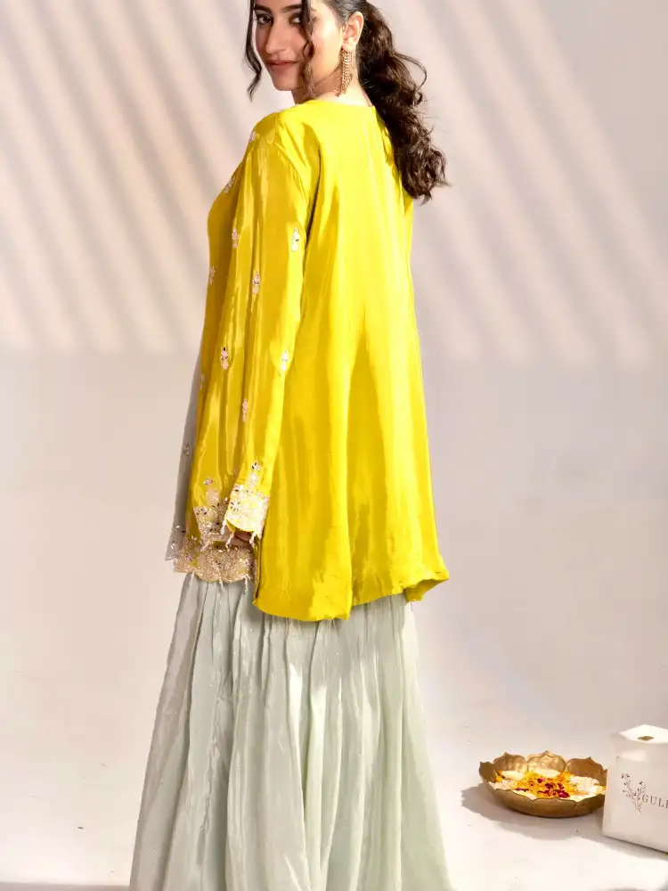 Mint Green Embroidered A-Line Kurti Sharara Suit Set with Dupatta - Image 2