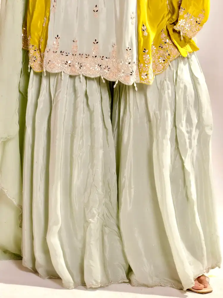 Mint Green Embroidered A-Line Kurti Sharara Suit Set with Dupatta - Image 3