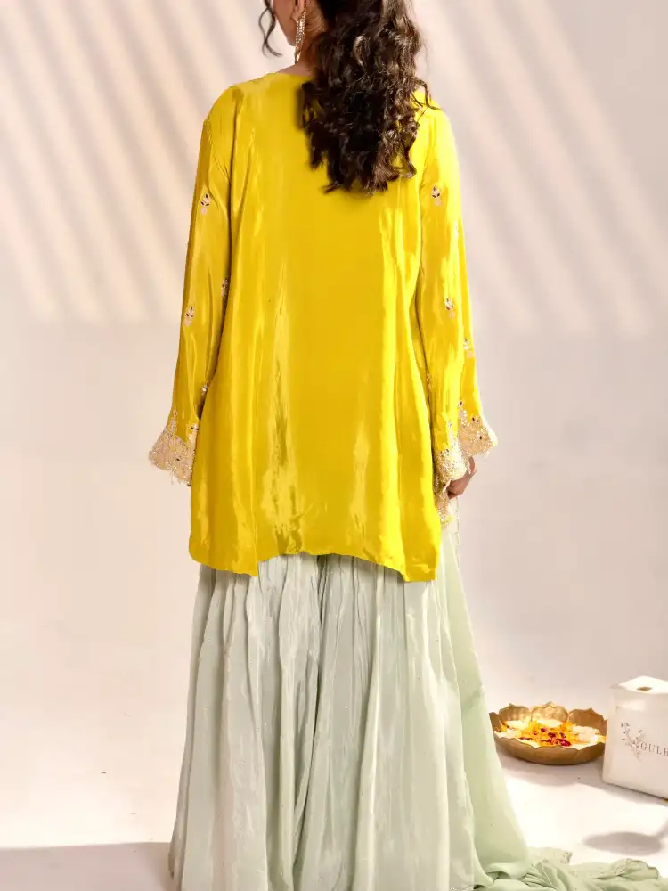 Mint Green Embroidered A-Line Kurti Sharara Suit Set with Dupatta - Image 5