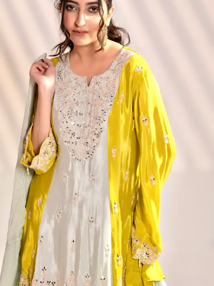 Mint Green Embroidered A-Line Kurti Sharara Suit Set with Dupatta - Image 6