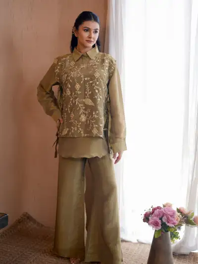 Olive Green Organza and Silk Blend Embroidered Shirt with Wide-Leg Palazzo Pant - 1