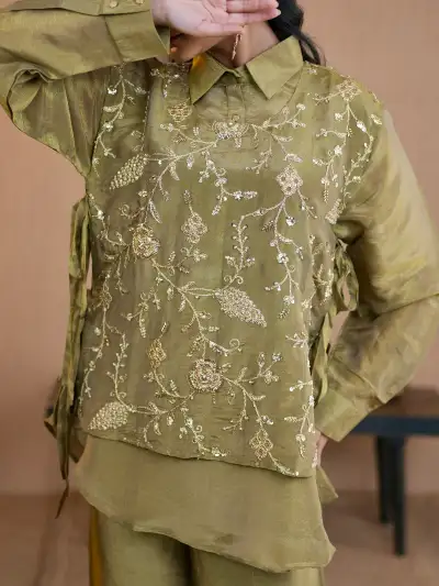 Olive Green Organza and Silk Blend Embroidered Shirt with Wide-Leg Palazzo Pant - 2
