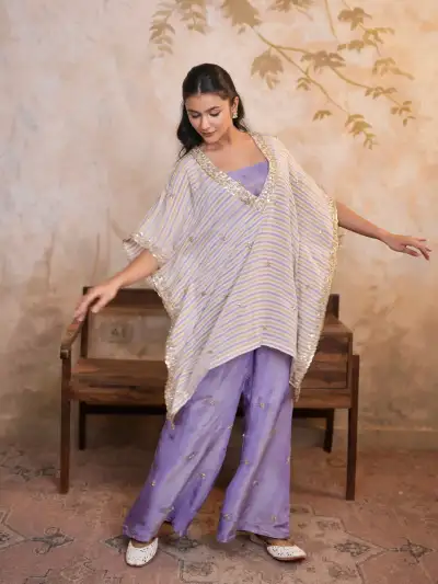LILAC PURPLE COTTON SILK BLEND STRIPED KAFTAN TOP WITH CHEVRON STRIPE AND PALAZZO PANTS - 1