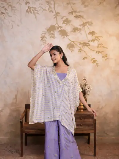 LILAC PURPLE COTTON SILK BLEND STRIPED KAFTAN TOP WITH CHEVRON STRIPE AND PALAZZO PANTS - 2