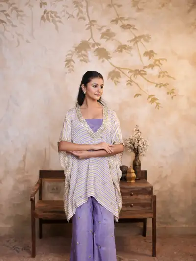 Lilac Purple Cotton Silk Blend Striped Kaftan Top with Chevron Stripe and Palazzo Pants - 3