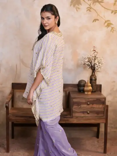 Lilac Purple Cotton Silk Blend Striped Kaftan Top with Chevron Stripe and Palazzo Pants - 5