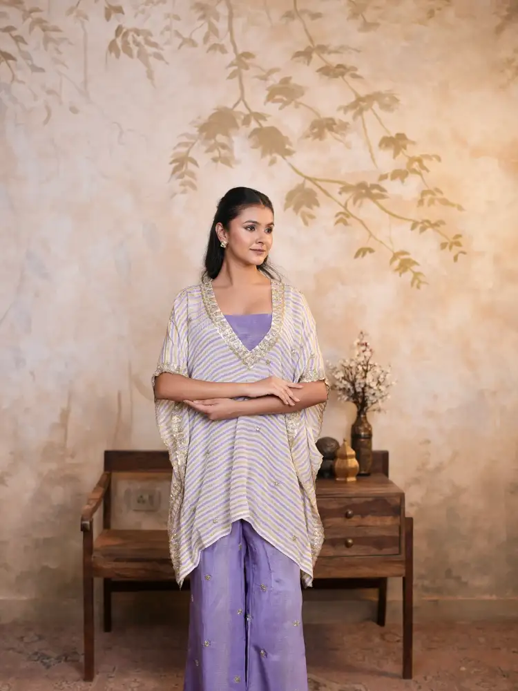 Lilac Purple Cotton Silk Blend Striped Kaftan Top with Chevron Stripe and Palazzo Pants - Image 3