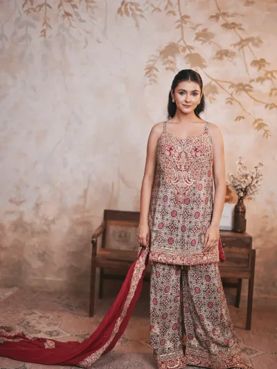 Maroon Printed Gharara Suit-0