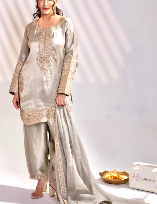 Dark Taupe Gold Hand-Embellished Silk Kurta Set with Dupatta (Set of 3) - collection image