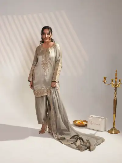 Embroidered Silk Kurta Farshi Salwar Suit Set with Dupatta - collection image