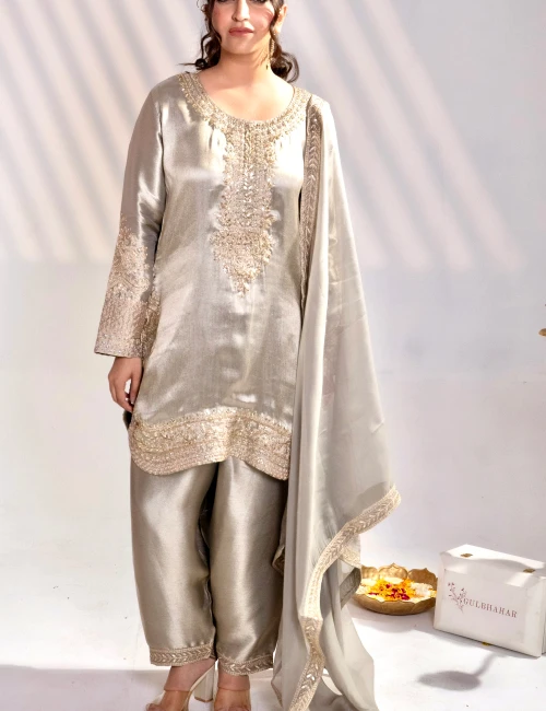 DARK TAUPE GOLD HAND-EMBELLISHED SILK KURTA SET WITH DUPATTA (SET OF 3) - 2