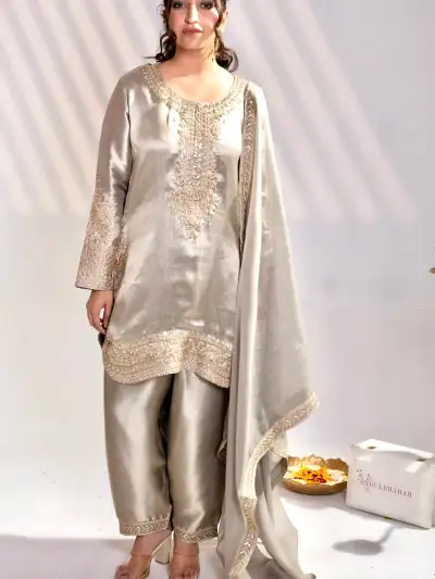 EMBROIDERED SILK KURTA FARSHI SALWAR SUIT SET WITH DUPATTA - 2