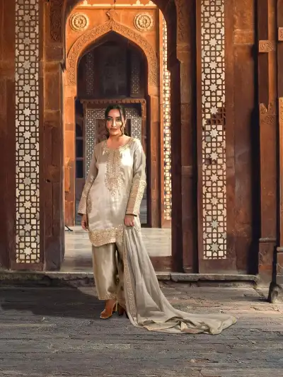 Embroidered Silk Kurta Farshi Salwar Suit Set with Dupatta - 1