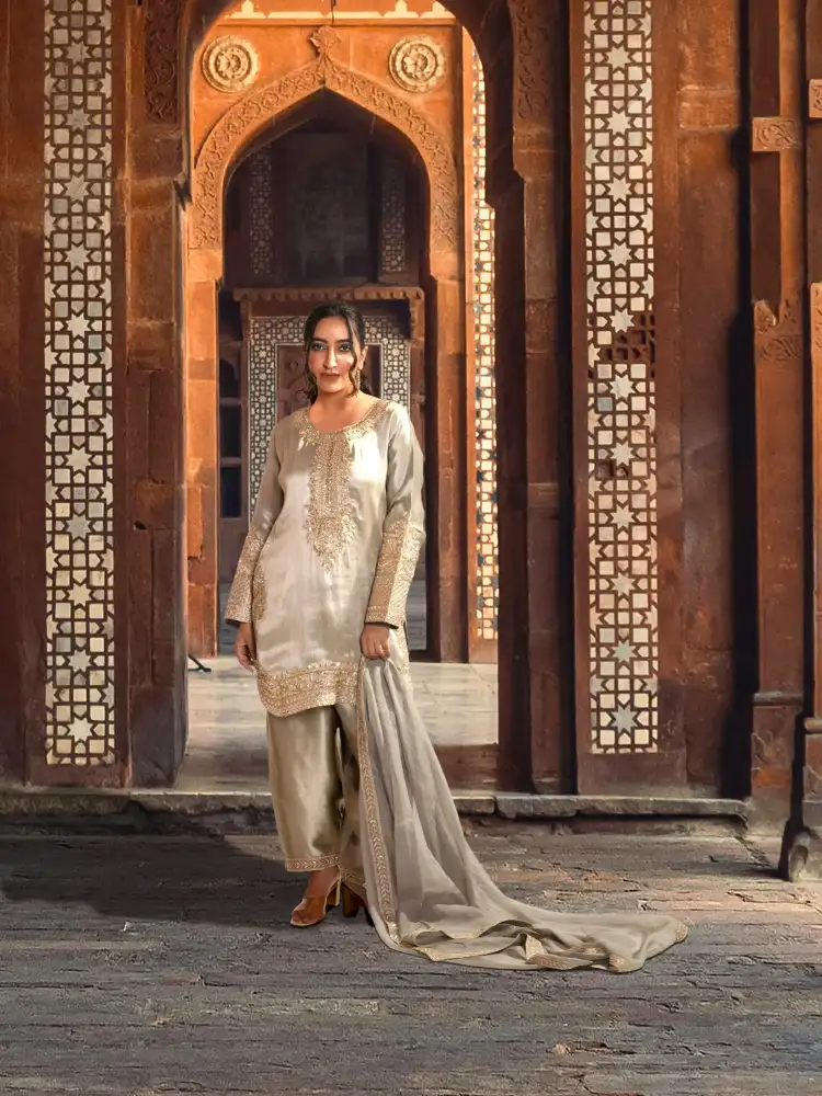 Embroidered Silk Kurta Farshi Salwar Suit Set with Dupatta - View 1