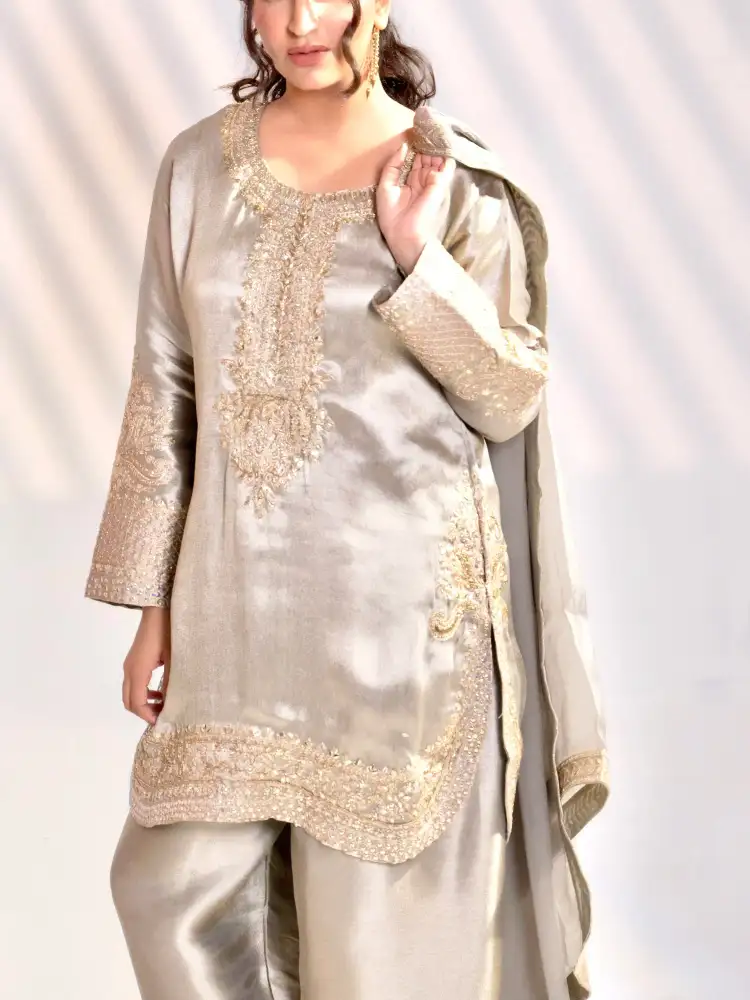 Embroidered Silk Kurta Farshi Salwar Suit Set with Dupatta - Image 4