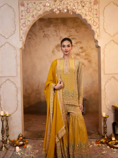 Mustard Printed Sharara Suit-0
