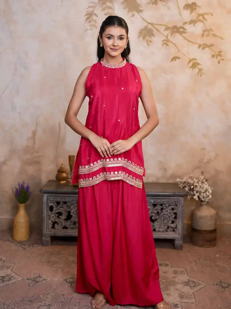 Rani Pink Satin Sleeveless Kurta Palazzo Co-ord Set - View 1
