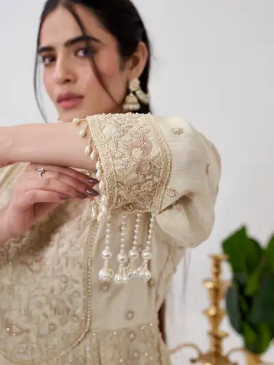 Ivory Floral Embroidered Anarkali Suit Set - 3
