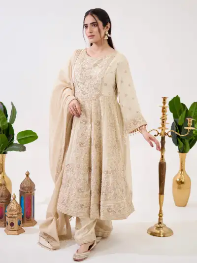 IVORY FLORAL EMBROIDERED ANARKALI SUIT SET - 2