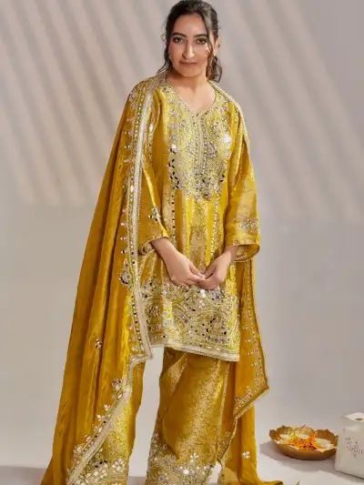 MIRROR WORK A-LINE KURTI WITH FARSHI SALWAR & DUPATTA - 2