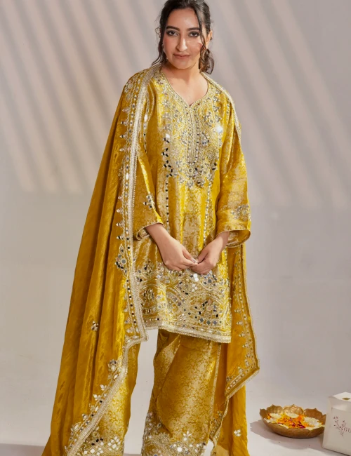 MUSTARD YELLOW BROCADE PRINTED SUIT SET WITH MIRROR WORK (SET OF 3) - 2