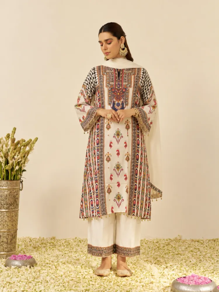 White Traditional Ikat Print Suit-3