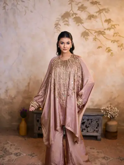 SATIN SILK BLEND EMBELLISHED CAPE-STYLE CO-ORD SET  - 2