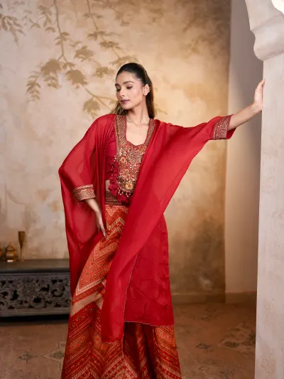 Red Indo Western Palazzo Set-0