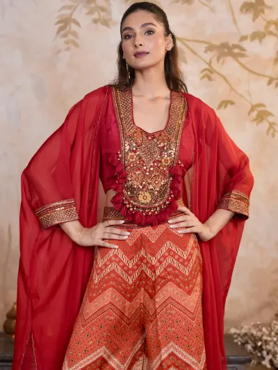 Red Indo Western Palazzo Set-4